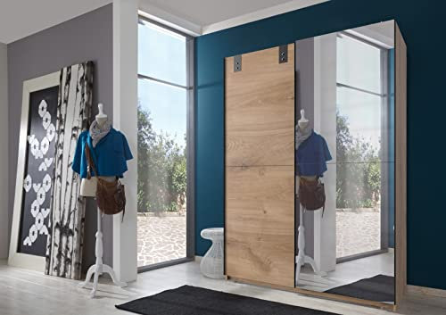 möbelando Schwebetürenschrank Cardiff aus Spanplatte in Plankeneiche-Nachbildung mit 2 Türen und 2 Einlegeböden. Abmessungen (B/H/T) 135x198x64 cm
