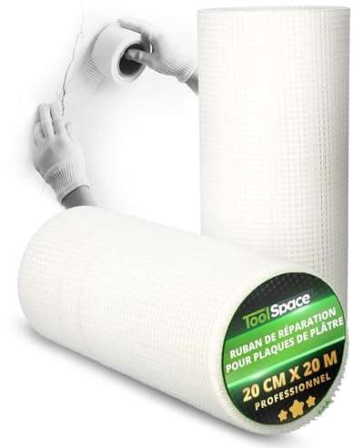 ToolSpace Ruban Fibre Verre Autocollant Placo 20 cm x 20 m Réparation Fissures Joints Murs Intérieur Enduit Rénovation Finitions Renforcement Renforcé Plafond Maillage Tissé Plâtre Trous Rebouchage