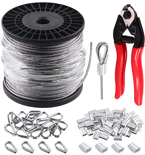 Glarks 72Pcs 1/8 300ft Stainless Steel Wire Rope Cable Set Includes 8 Heavy Duty Cable Cutter and 50Pcs Aluminum Crimping Loop Sleeve with 20Pcs M3 Wire Rope Thimbles Set for DIY Deck Stair Rail