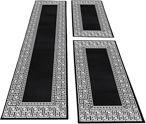 Kurzflor Läufer Set 3 Teilig Bordüre Muster Motiv Soft & Weich Bettumrandung Schlafzimmer Flur Kinderzimmer Teppich Farbe Schwarz Grau, Farbe:Schwarz, Bettset:2 mal 80x150 cm + 1 mal 80x300 cm