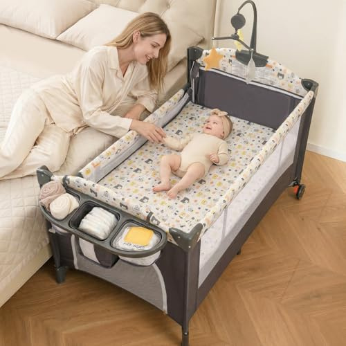 INFANS 5 in 1 Pack and Play, Portable Baby Playard, Bear