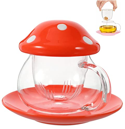 TUHNHGD Mushroom Mug with Infuser, Glass Coffee Cup, Tea Strainer, 290ml (Orange) with Coaster and Lid