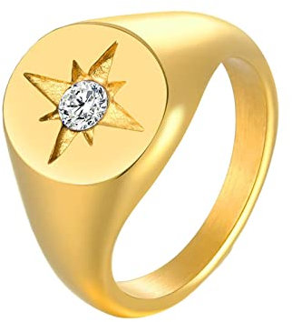 Lieson Edelstahl Ringe Frauen Gold, Trauringe für Frauen Poliert Stern 11MM Solitär Zirkonia Ring Gravur Personalisiert Gr.54 (17.2)