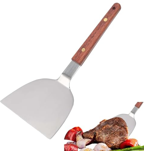 Griddle Scraper, Stainless Steel Pancake Flipper, Burger Spatula Wide Shovel with Beveled Edges Wood Handle Pancakes Shovel Turner Scraper(105mm)