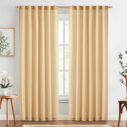TOPICK Set di 2 tende a righe, 225 x 140 cm, colore giallo, per soggiorno, camera da letto, cucina, lino, a righe, con coulisse, stile rustico, moderne tende semitrasparenti