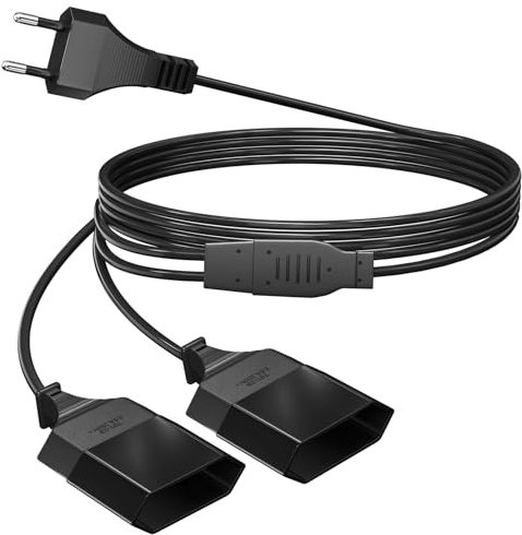 2-in-1 Verlängerungskabel mit Eurostecker | 2m Verlängerung Flachstecker Doppelstecker | 2 Fach Flachkabel-Design | 6A 250V 0,75mm² | für Computer/Monitor/Beamer, Schwarz