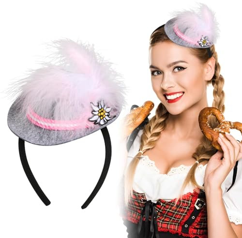BOFUNX Haarreif mit Seppelhut Mini Hut Edelweiß Feder Haarband Fasching Haarschmuck für Oktoberfest Karneval Party Kostüm Zubehör