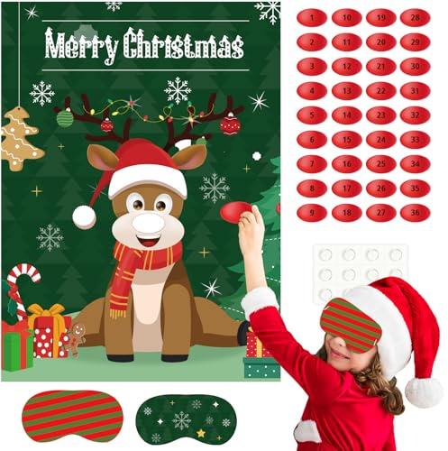 ASTARON Weihnachtspartyspiele für Kinder, Stecken Sie den Hut auf das Rentier mit 36 ​​Aufklebern, 2 Augenbinden, Weihnachtsdekoration für die Feiertage, Aktivitäten im Klassenzimmer der Schule