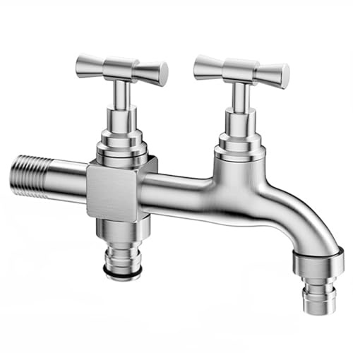 SXWYLZ Doppel Auslaufhahn 1/2 Zoll Wasserhahn Wandmontage Gartenwasserhahn 2 Anschlüsse Garten aus Edelstahl Wetterhahn für Garten Doppelwasserhahn 150Mm
