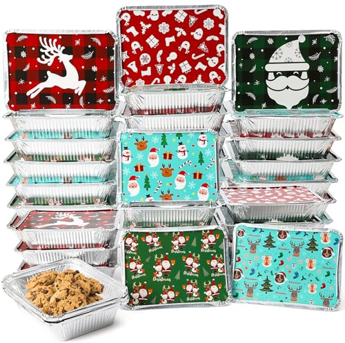 BYKITCHEN 30PCS Foil Trays with Lids for Christmas, 21x16x5cm Foil Food Containers with Lids, Tin Foil Trays, Disposable Foil Food Trays, Christmas Accessories for Baking/Roasting & Holiday Gifting