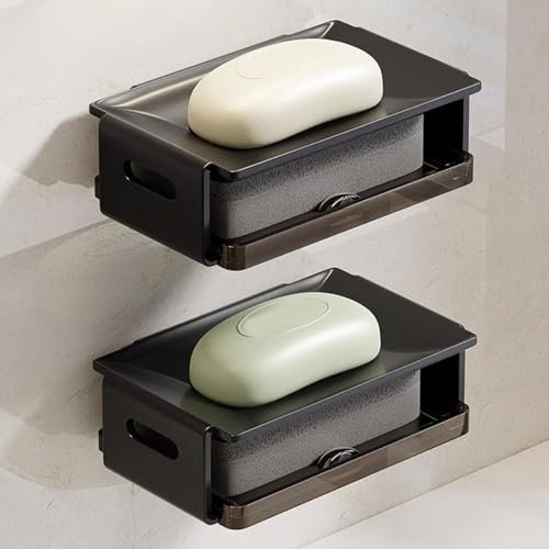 URPIZY Porte-savon à ventouse pour salle de bain, montage mural, sans perçage, étui à savon en plastique avec drainage, pour salle de bain, douche, porte-savon double couche (noir)