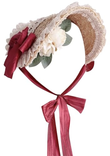 Besforta Filles Femmes Victorienne Lolita Plat Bonnet Cap Tea Party Sun Hat Lace Bows Fleur Rubans Chapeaux de Paille