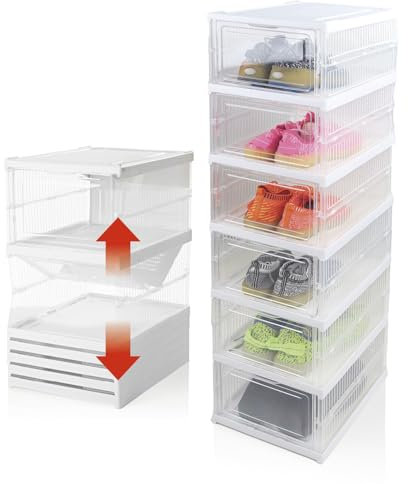 EASYmaxx faltbares Schuhregal mit durchsichtiger Front | 1-6 transparente Schuhboxen | Platzsparender Kunststoffschrank zum Auseinanderziehen | Ideal für Sneaker, Werkzeug u.v.m. | Einfacher Aufbau
