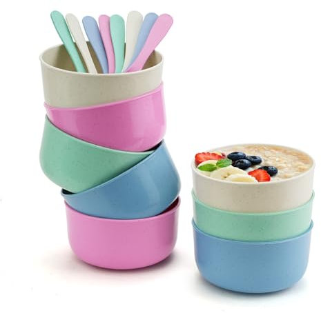 Mulaibdin 8 Pezzi Ciotola Colazione Plastica, Insalatiera Plastica con Cucchiaio, Infrangibile Ciotole Cucina, Riutilizzabile Scodella Colazione Bowl Adulti/Bambini per Zuppe,Pasta,Riso,Cereali,Frutta