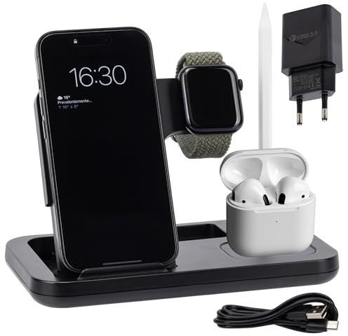 Stazione Ricarica Apple 3 in 1 - Charging Station - Compatibile con iPhone - cuffiette pods - Apple Watch - Base Ricarica Iphone Apple Watch Cuffiette pods Nera