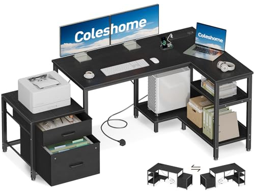 Coleshome Corner Desk with Drawers, 140×80 cm L Shaped Computer Desk with Storage Shelves & CPU Stand, Reversible Home Office Corner Desk with Power Outlets, Black