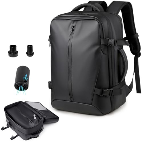 WingFly Sac à dos sous vide, bagage à main, avion, airbag, avec système de vide, pour voyager, 45 x 30 x 22 cm, pour femme, avec pompe, imperméable, pour homme, Noir , 45 x 30 x 26 cm