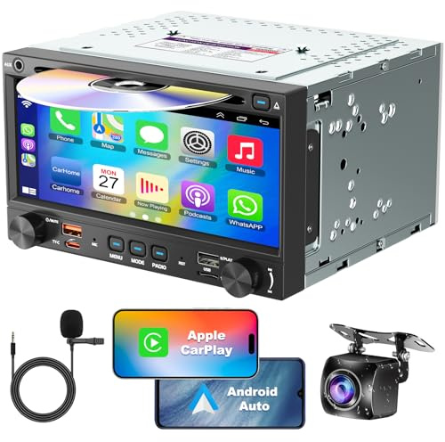 Double Din Car Stereo CD DVD Player with Wireless Carplay&Android Auto, 7 inch Car Radio 4.2-Channel Audio Output Bluetooth & Voice Control, Mirror Link, Backup Camera, AM/FM Radio Type-A/C Subwoofer