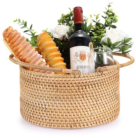 IGNPION Cestino per la spesa in rattan, cestino da picnic in vimini con manici, cestino rotondo da giardinaggio per frutta, pane, regalo, uova, asciugamani, campeggio, 28 x 28 x 15 cm