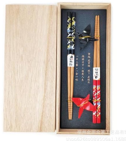 BAIFULAI 2 paia di bacchette per sushi, bastoncini in legno con supporto per gru in ceramica, sostenibili Chopsticks giapponese, cinese, coreano, taiwanese, regalo giapponese