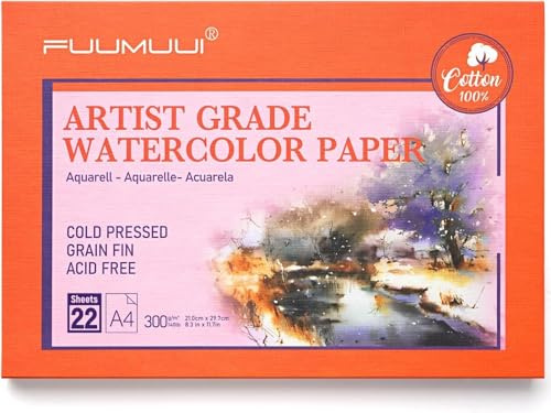 Fuumuui 100% Cotton A4 Watercolour Paper- Upgraded Version, 22 Sheets Cold Pressed Watercolour Paper Block - 140LB/300GSM Art Paper for Watercolour Gouache Ink