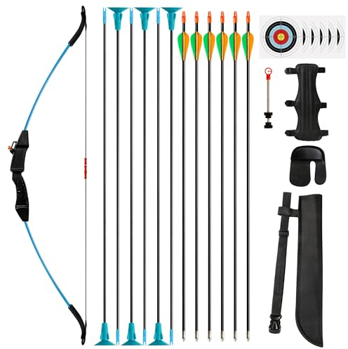 SERfawnCH 15lbs Recurve Bow and Arrow Set for Beginners, Left & Right Handed Youth Archery Kit with 12 Arrows & 6 Targets, Outdoor Practice Bow (Blue)