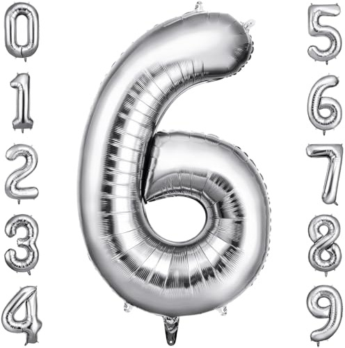 OFFCUP Geburtstag Zahlen Luftballon Silber, Geburtstagsdeko Ballons Zahl 6 | Riesige Folienballon in 40 Helium Ballons für Männer Frauen Geburtstagsparty Deko, Jubiläum 6 Jahre Deko