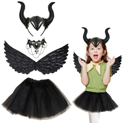 XLZJYIJ Königin Hörner Kostüm, 4 Stück maleficent kostüm kinder mit Gothic Spitze Halskette Hörner Kopfschmuck Flügel, Teufel Kostüm Kinder, Halloween-Kostüme für Mädchen