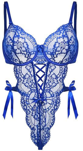 EVELIFE Body da Donna Sexy in Pizzo, Bodysuit con Scollo a V, Body Babydoll con Straps, Lingerie con Fiocco di Raso Laterale, Teddy in Pizzo, Intimo Sexy S-XXL, XXL