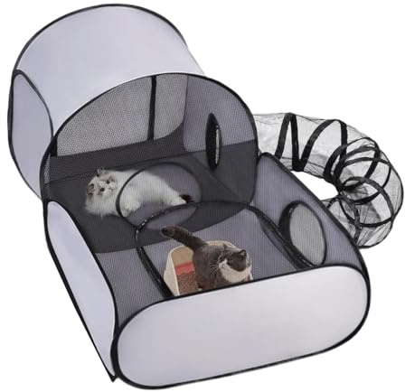 Katzengehege Katzenzelt Katzenkäfig, Haustiergehege, Grau, S | Iaufstall Kühl Katze Spielgehege, Gehege für Kleintiere, Katzenhaus Zelt, Klappbares Gehege mit Spielzeugtunnel