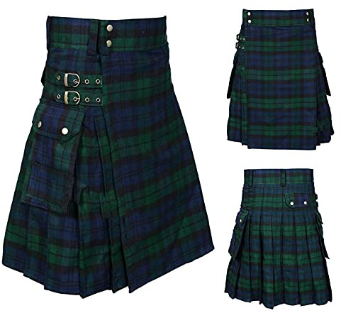 Générique Kilt Irlandais Homme Ecossais Vert Grande Taille avec Poche Jupe Plissée Médiévale en Coton Longue Tartan Steampunk Cosplay Chic Respirant Complet