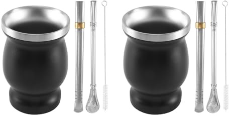 Janasiba Lot de 2 tasses à thé Yerba Maté à double paroi en acier inoxydable avec 2 bombillas pailles et pinceau propre 200 ml Noir
