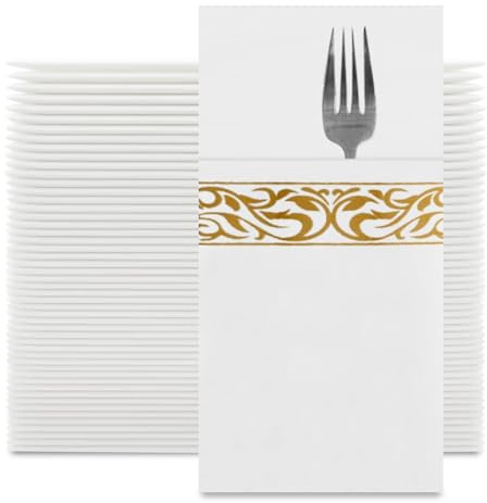 Gold Patterned Disposable Napkins - 50Pcs Linen Texture Personalised Napkins, 40 * 40cm Gold Stripe Print, Highly Absorbent, Pre-Folded, for Elegant Wedding, Christmas and Party Serviettes