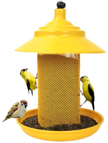 Finch Feeder - All-Metal Squirrel Proof Thistle Nyjer Seed Bird Feeder for Outdoors, 2.5LB Capacity, Powder-Coated Rust Resistant Mesh Design for Goldfinches & Small Birds Yellow