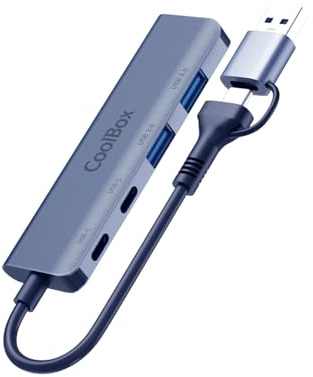 CoolBox Hub USB con Cabezal Dual USB C + USB3.0, 4 Puertos (2 x USB-A 3.2 Gen1 + 2 x USB-C 3.2 Gen1), Transferencia hasta 5Gbps, Compatible con Windows/Mac OS. Hub USB C de Aluminio