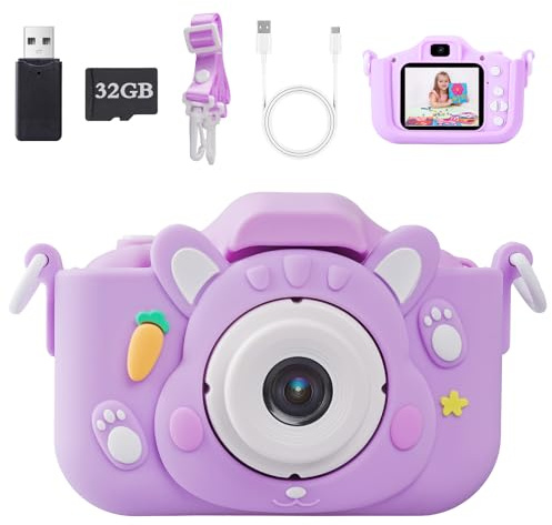Voniobuy Macchina Fotografica per Bambini, Fotocamera Digitale 1080P con Schermo IPS 2.0, 44 Cornici Magiche e 5 Giochi Educativi - Regalo Perfetto per Ragazze e Ragazzi 3-12 Anni, Coniglio