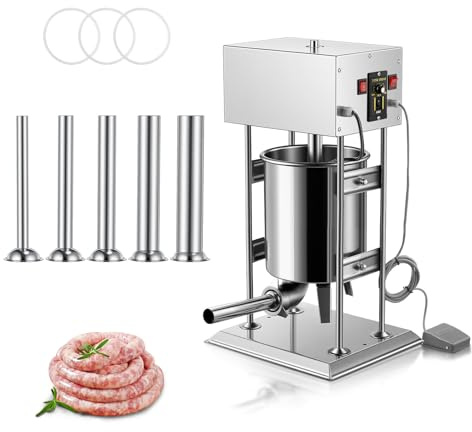 Commercial Electric Sausage Stuffer, 22 LBS / 10 L Vertical Meat Stuffer, Speed Control with Foot Pedal, Stainless Steel Heavy Duty Sausage Filler with 5 Stuffing Tubes, for Commercial & Home Use