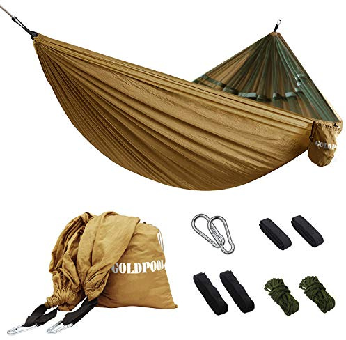 GOLDPOOL Hängematte Outdoor Ultraleicht 300kg Tragkraft und Atmungsaktiver,Schnell Trocknender Nylon Fallschirm (260 x 135 cm) für Backpacker,Camping,Garten und Reisen (Khaki)
