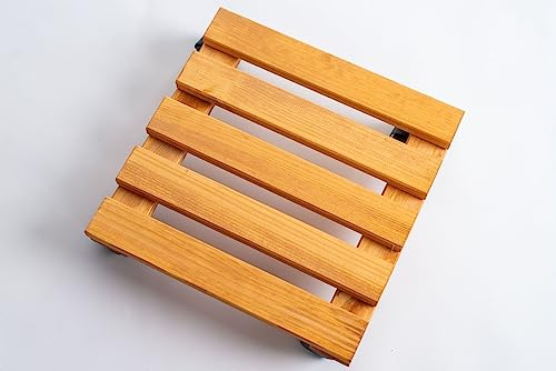 RADO WOOD Wooden Plant Pot Caddy - 29x29cm - Rustic style - Garden Plant Pot Trolley - Stand Mover Dolly on Wheels - Indoor & Outdoor – Light Brown