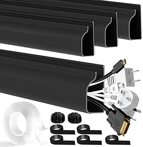4 Packs J Channel Cable Raceway Black Cable Trunking Hiding Wall Mount TV Powers Cords Cable channels for Wall, Desk, Home, Office, 40x2.79x6.1cm