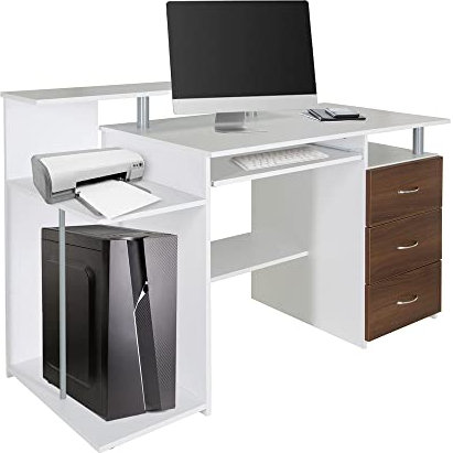 hjh OFFICE 830061 Computertisch WORKSPACE H IV Weiß/Walnuss Schreibtisch mit Schubladen & Tastaturauszug, 89 x 137 x 60 cm