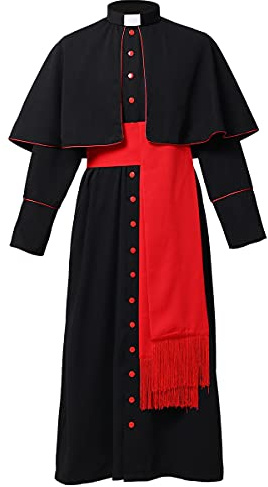 BLESSUME Catholic Cassock Prêtre Robe Longue avec Cincture Band Belt(2XL,Robe noire avec ceinture rouge)