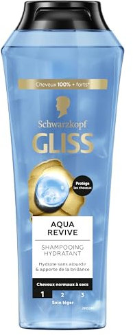 Schwarzkopf - Gliss - Shampoing Aqua Revive - Hair Repair - Hydrate Sans Alourdir - Cheveux Normaux à Secs - Complexe Hyaluron & Algue Marine - 90% d'Ingrédients d'Origine Naturelle - 250ml
