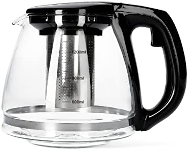HOMLA Melzo Tee- und Kaffeekanne mit Brüher Sieb - Für heiße Flüssigkeiten, Kräuterbrühe - Minimalistisches Design Glas Kunststoff Edelstahl 1,4 l