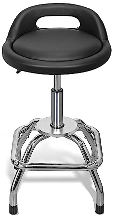 Type S Shop Stool with Backrest – Adjustable Garage & Workshop Stool, 360° Swivel with Footrest, Padded Seat & Lumbar Support, Heavy-Duty Steel Frame, 22–28” Height