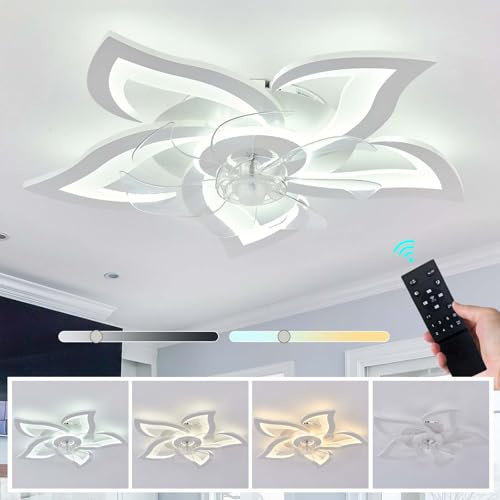 YUNZI Fiore Ventilatore da Soffitto con Luce E Telecomando Soggiorno Dimmerabile LED Lampadario Ventilatore Motore DC Reversibile 6 velocità Plafoniera con Ventilatore Design-White