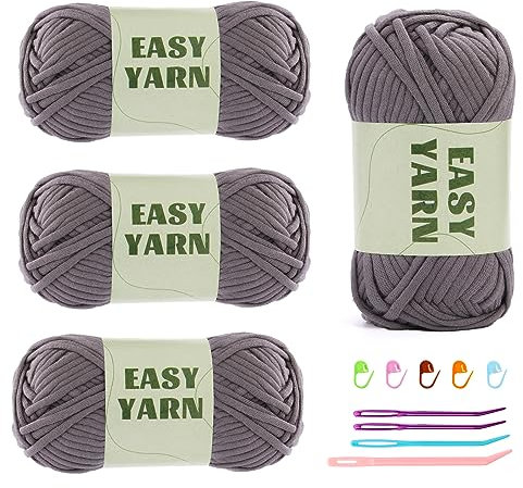 4 X 50g Häkelgarn Dicke Wolle zum Häkeln Chenille Wolle Zum Häkeln Chenille Schlauchgarn zum Häkelnadeln gut Sichtbare Maschen, Häkelnadeln für Anfänger Baumwoll-Nylon-Dunkelgrau mit Häkelzubehör