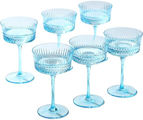 Blue Vintage Coupe Glass | Set of 6 | Large 9.3oz Stemmed Glassware Muted Vintage Glasses for Champagne, Cocktail, Margarita, Wine Glass, Colored Martini Glasses-Wedding，Engagement,Christmas Gifts