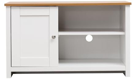 Homeke Wooden TV Cabinet Cupboard Entertainment Unit TV Stand with Storage Shelves and 1 Door for Living Room,W85×D39×H50cm (white and oak)
