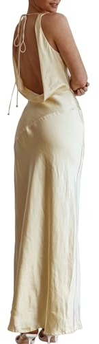 KOUNAI Satin Backless Formal Maxi Dresses for Women Wedding Guest Yellow